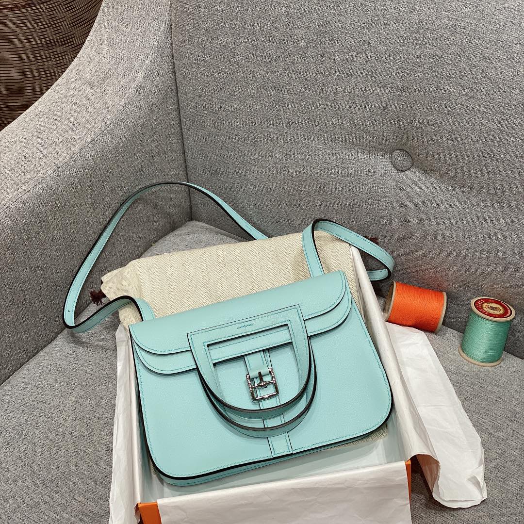 Hermes Mini Halzan 22 Handbag Shoulder Bag In Sky Blue Swift Leather